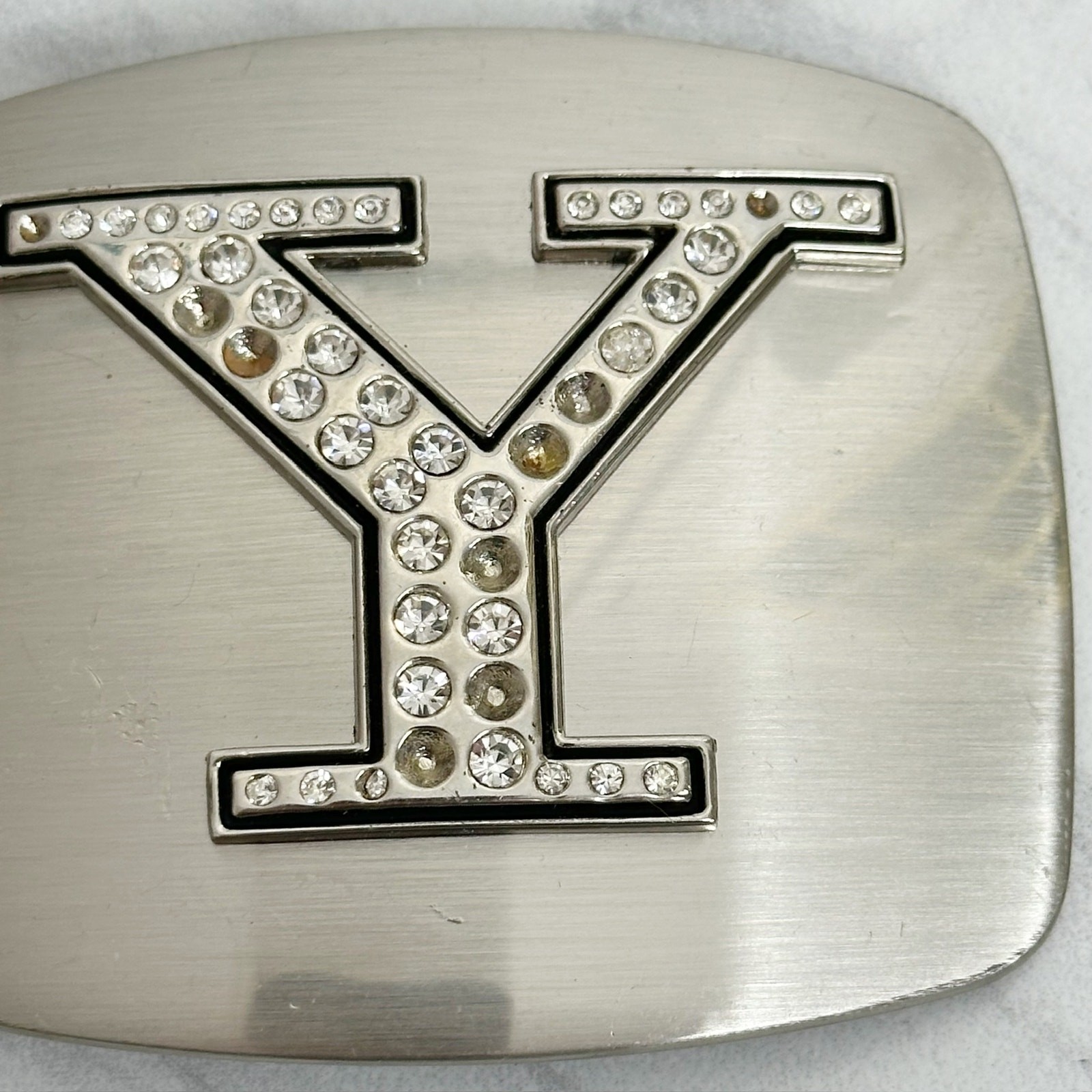 Rhinestone Studded Y Letter Initial Monogram Silver Tone Belt Buckle