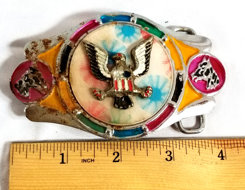 VTG 1970&rsquo;s Imperial Hebillas Belt Buckle Mexico Western Eagle Rainbow Horses