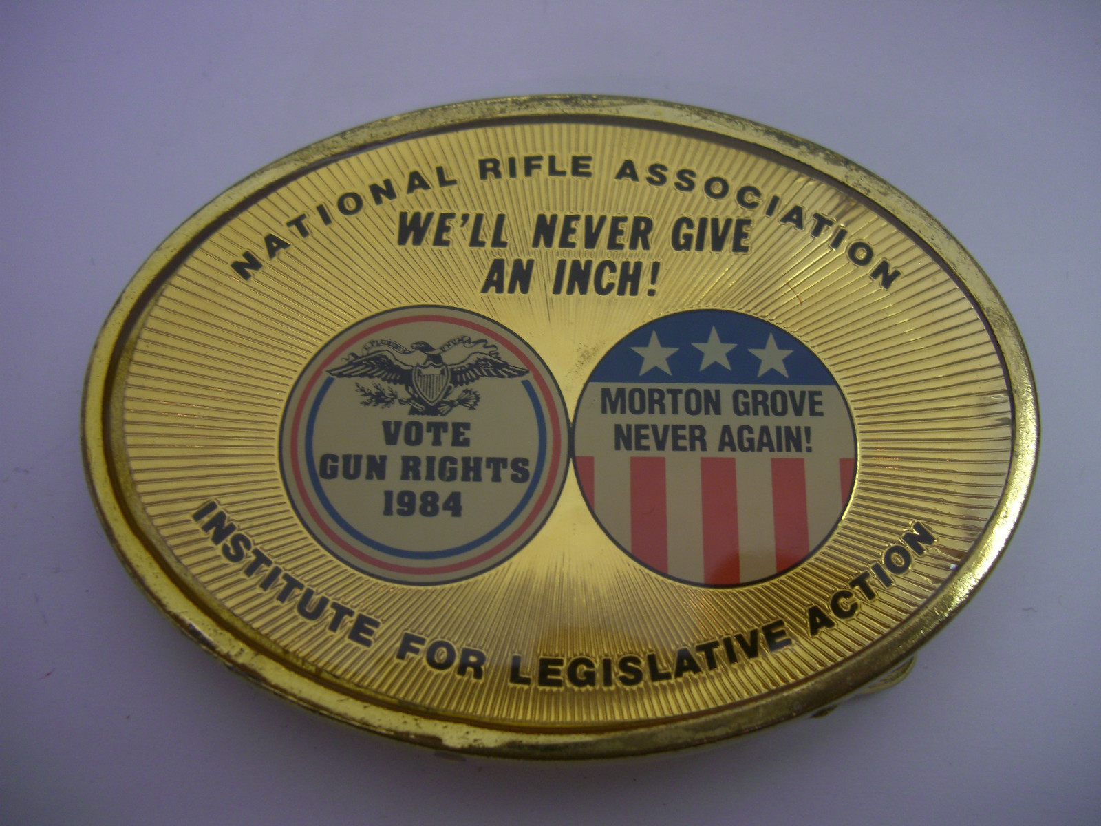 1984 NATIONAL RIFLE ASSOCIATION STARS & STRIPES NRA RED WHITE & BLUE BELT BUCKLE