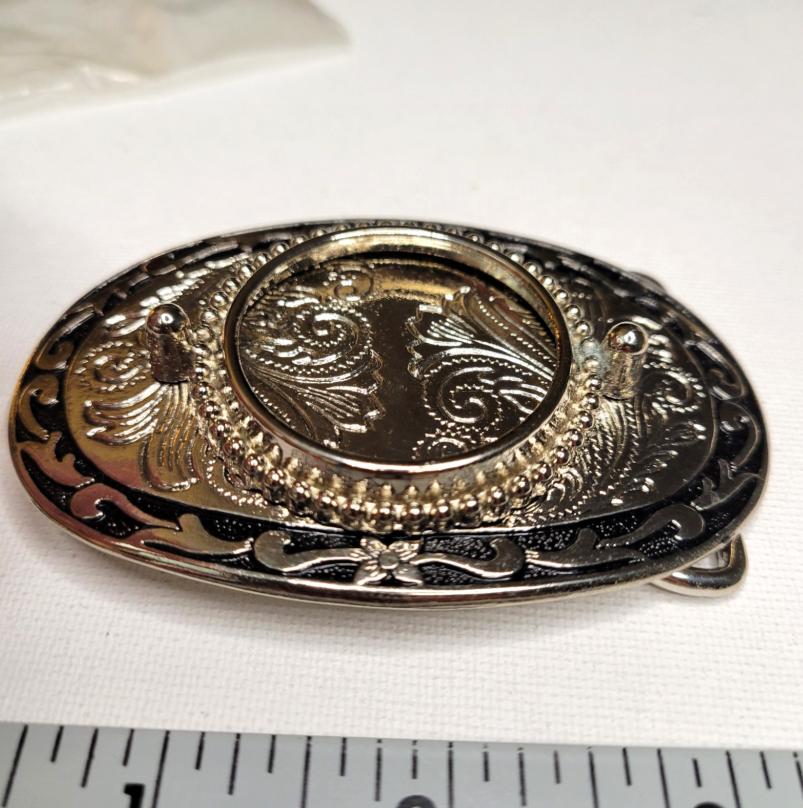 Vtg NOS Silver Dollar Coin Gem Stone Holder Bezel Belt Buckle Black Inlay Empty
