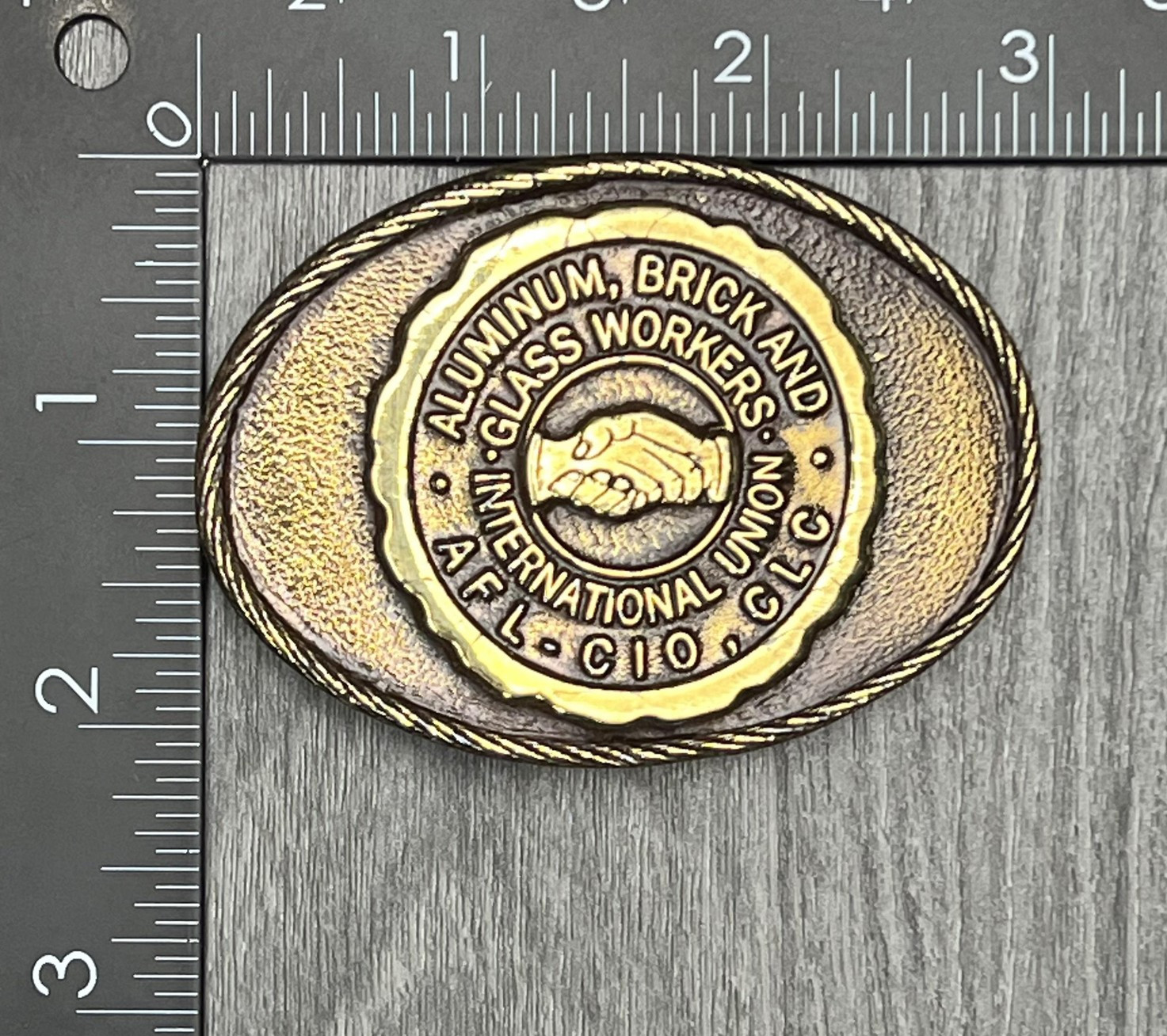 Vintage Aluminum Brick Glass Workers Union Belt Buckle Gold Tone USA AFL CIO