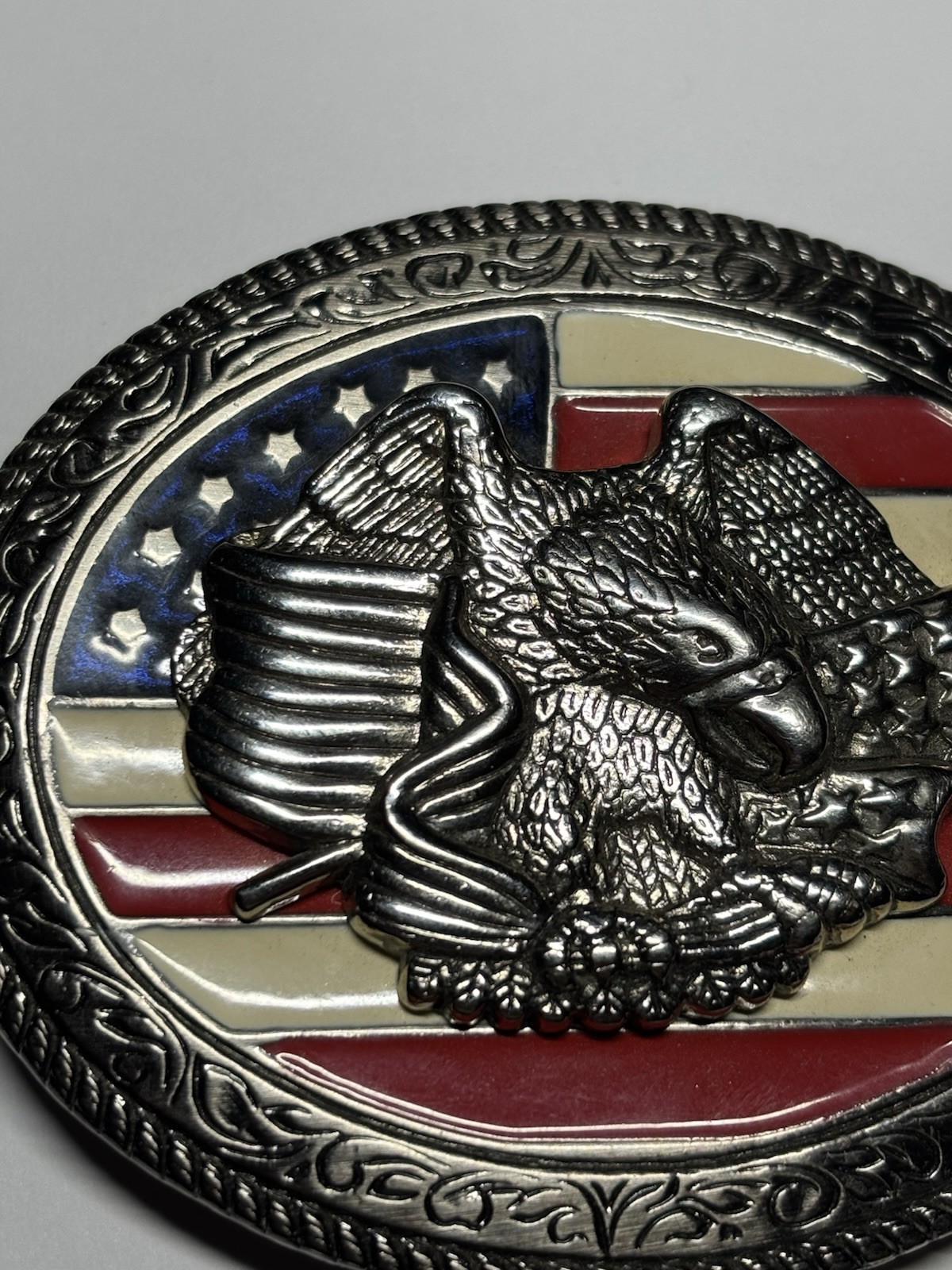 Belt Buckle American Flag Eagle Patriotic Silver Metal Red White & Blue