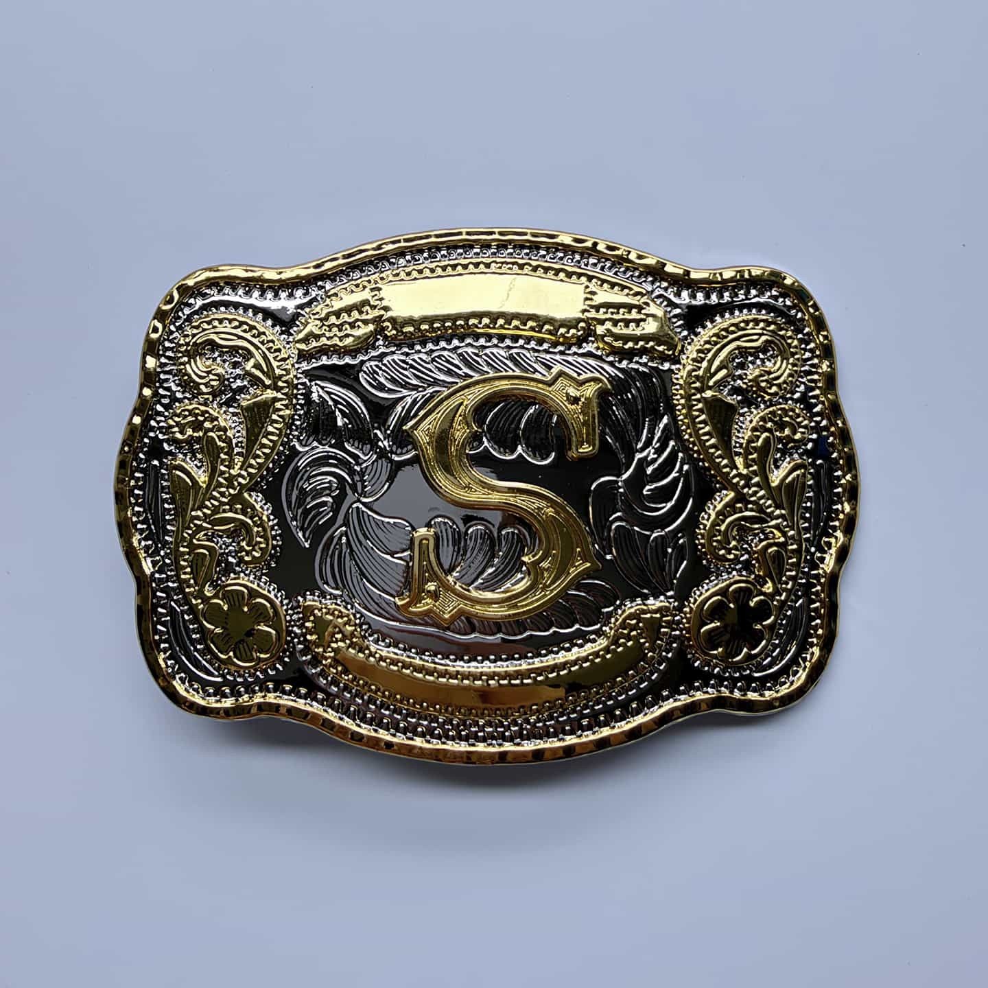 Bright Silver With Gold Initial Letter A-Z Cowboy Cowgirl Rectangle Belt Buckle
