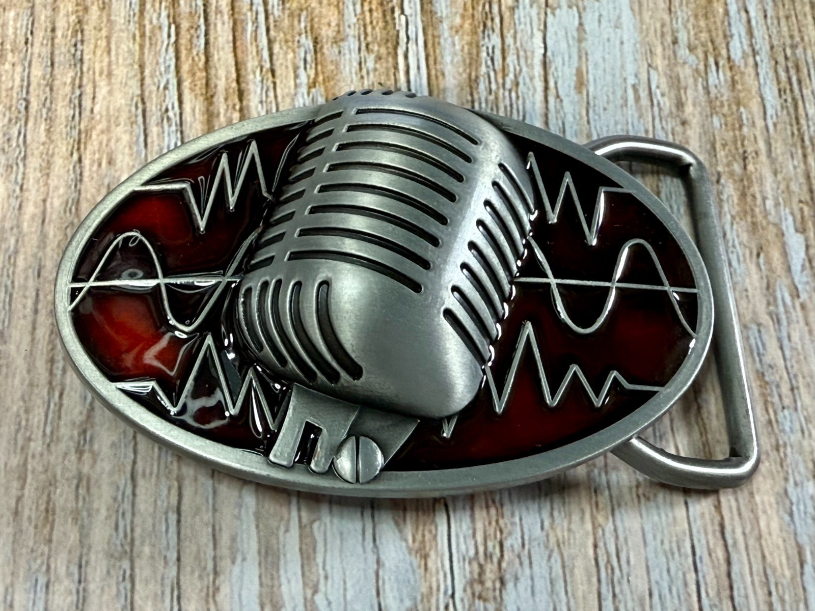 Retro Music Elvis Style Microphone Red Enameled Musician Ribbon Mic Belt Buckle