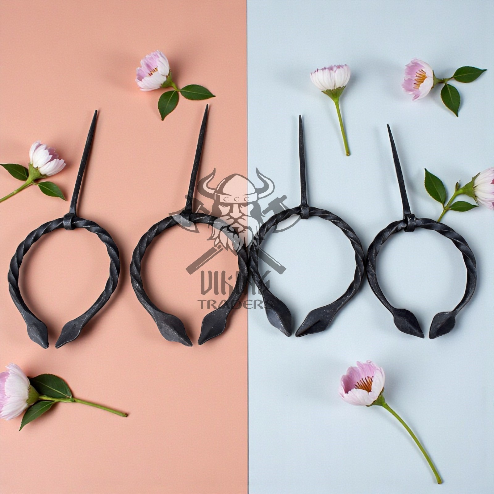 Hand-Forged Medieval Viking Iron Brooch Leaf Design Cloak Pin ( Set of 4)