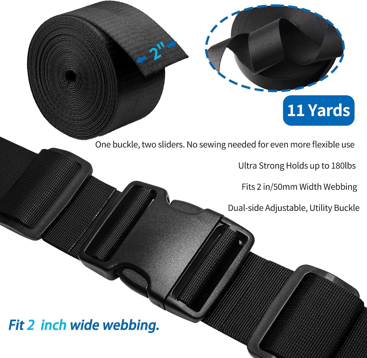 2&Prime; Heavy-Duty Buckle & Straps Set: 6-Pack Side Release Plastic Buckles+11 Yards