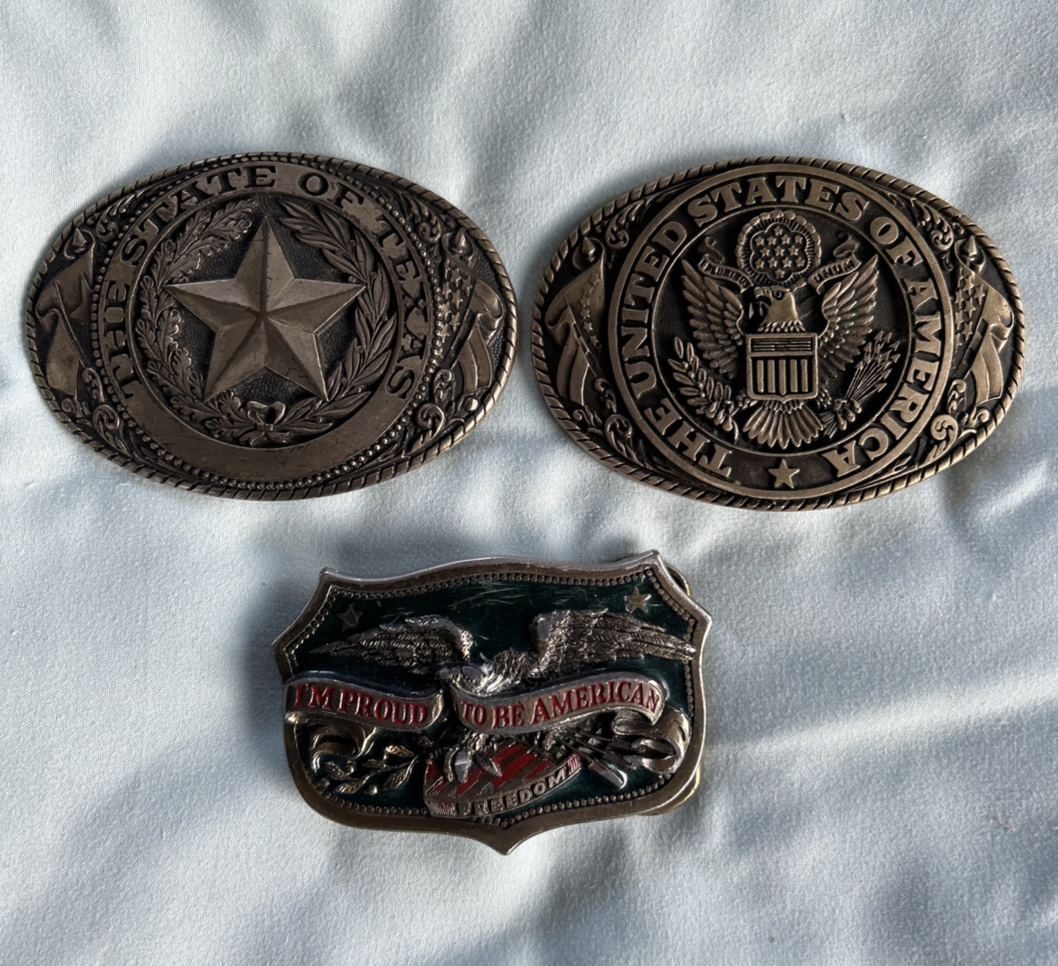 Vintage LOT OF 3 belt buckles America Texas Tony Lama Eagle Flag