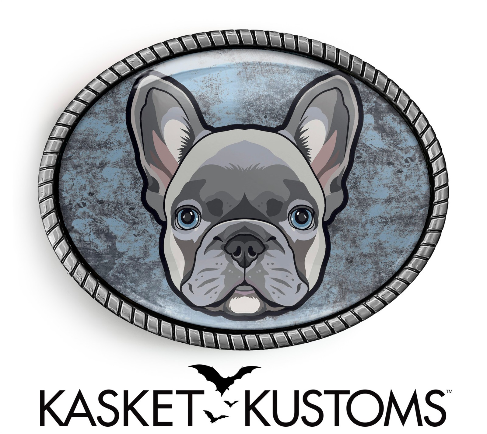 Frenchie Belt Buckle – French Bulldog Boy Puppy, Silver or Gold, Oval Buckle