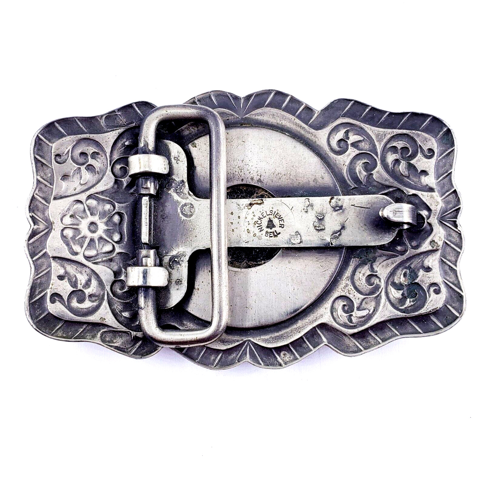 NICKEL SILVER BELL Vintage 1926 Morgan Dollar Coin Ornate Belt Buckle 3.25×1.25&Prime;