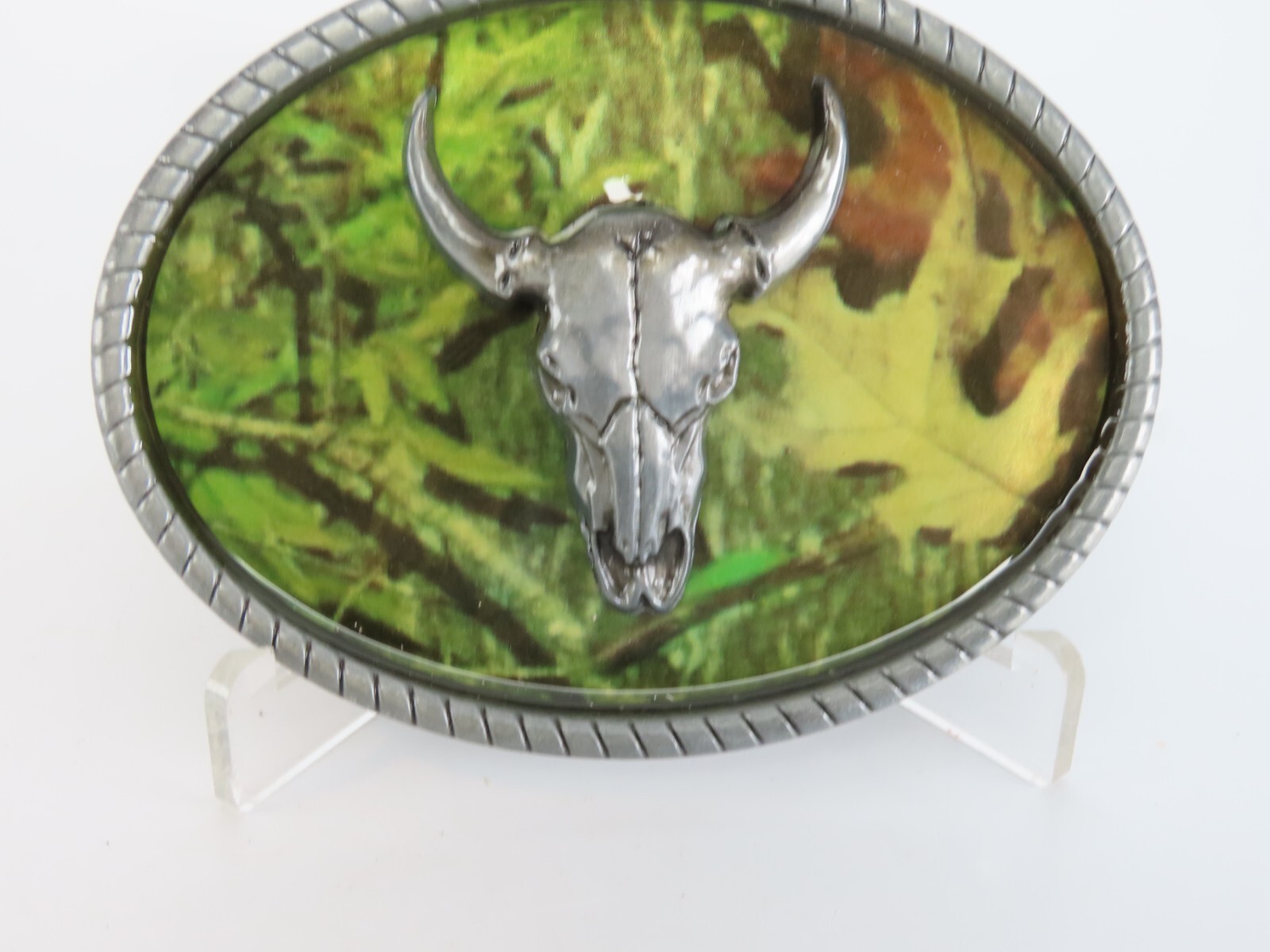 New Skull Bull Steer Cow Belt Buckle Green Camo Background in Package