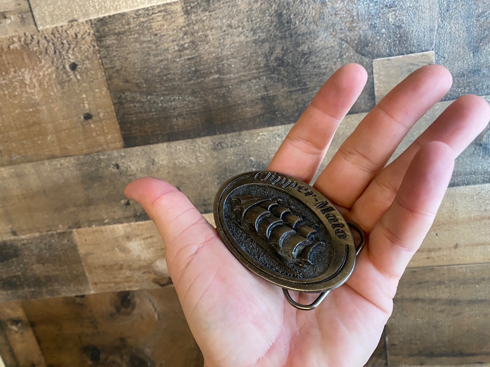 Clipper Mato Belt Buckle VTG 70s 80s Heavy Pewter Sail Boat Ship Ocean Lacer