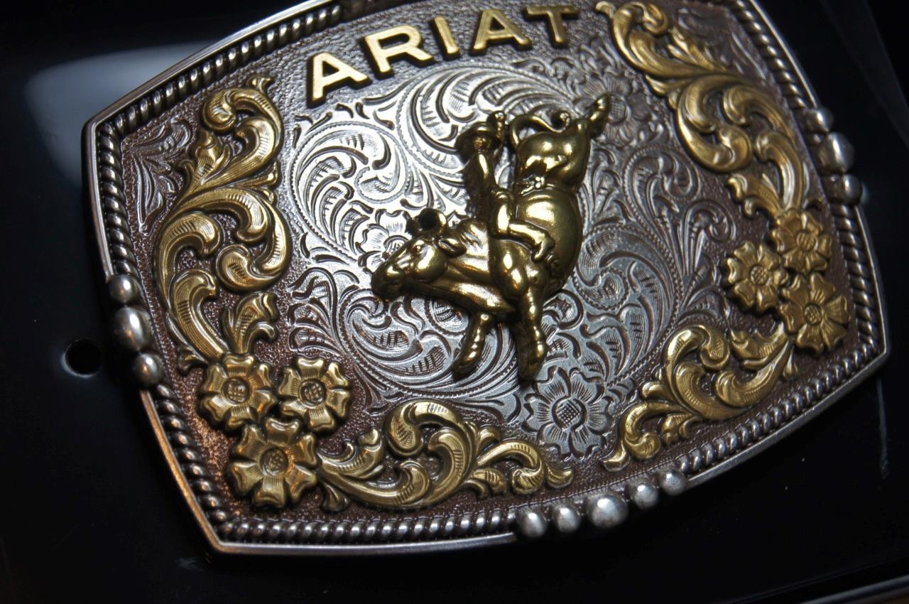 Ariat Western Belt Buckle Bull Rider Logo Silver & Gold tone A37065