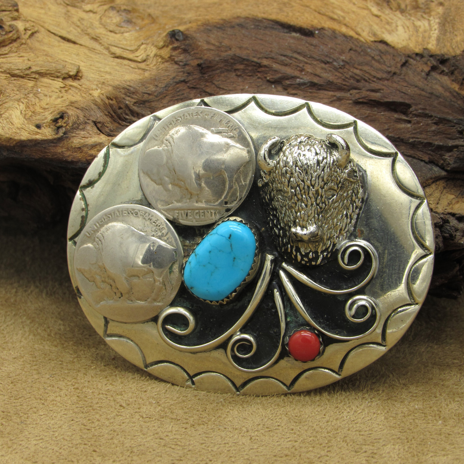 Southwest Nickel Belt Buckle with Buffalo Head