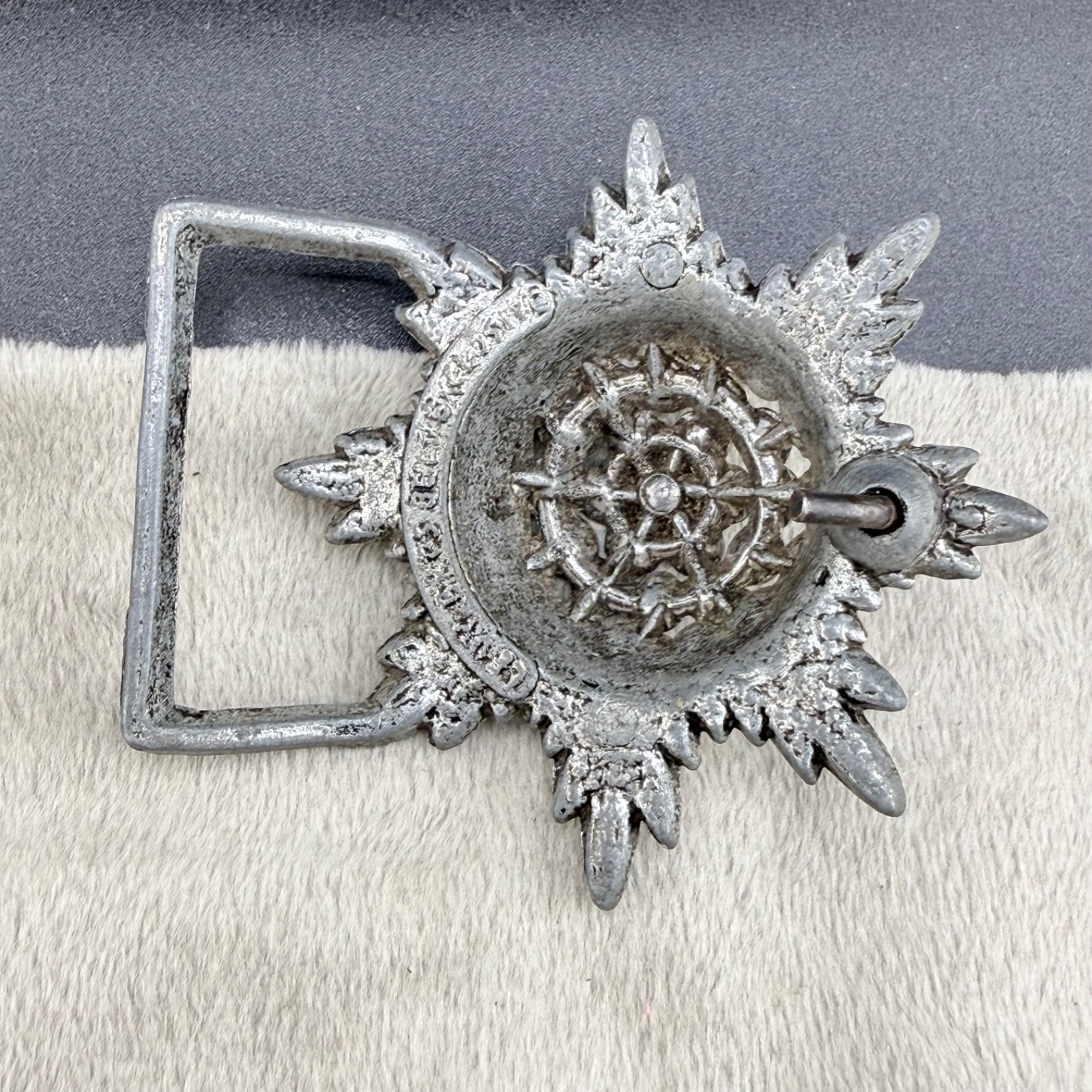 Vintage Flower Belt Buckle Atomic Silver Tone Signed Levy Bros