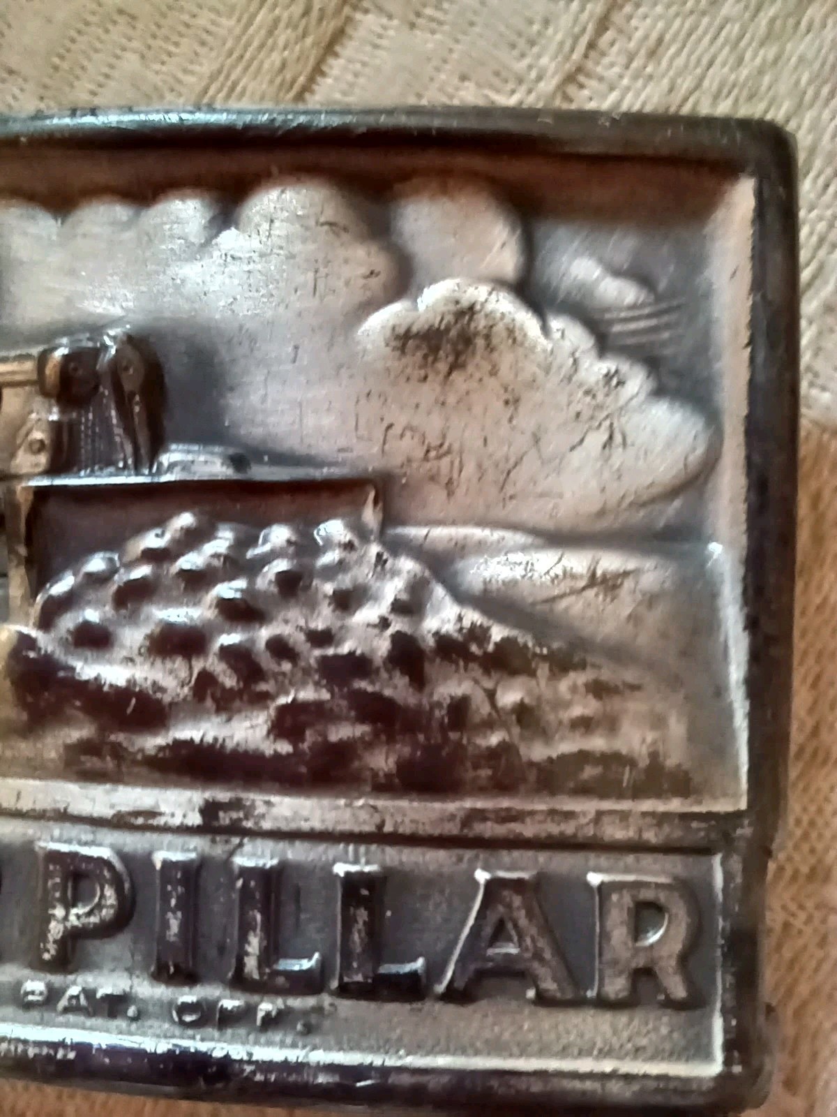 Neat Vintage Metal Caterpillar Tractors Belt Buckle w Farmer in Field 2×3&Prime; USA