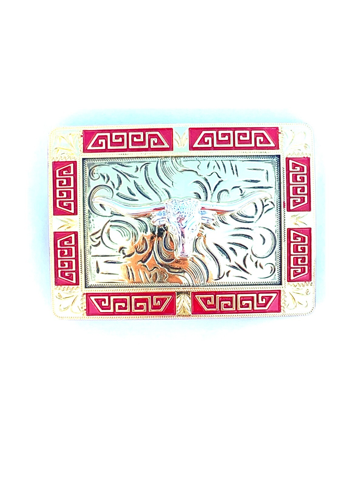 Western Buckle Gold Red Silver Longhorn Cowboy 2 »Buckle Hebilla Vaquero Toro