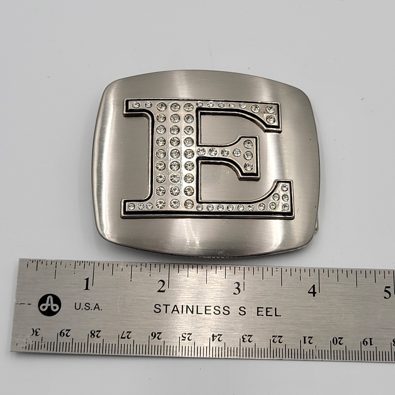 Initial E Monogram Square Belt Buckle Brushed Chrome With Rhinestones