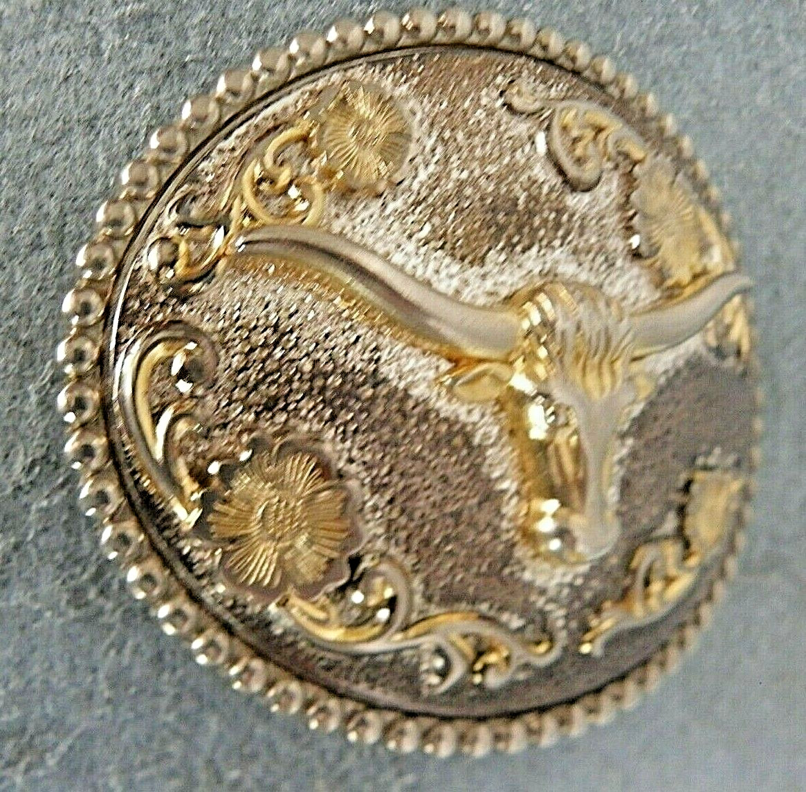 Longhorn Steer Head Western Belt Buckle Silver/Gold Tone Metal Floral Accents