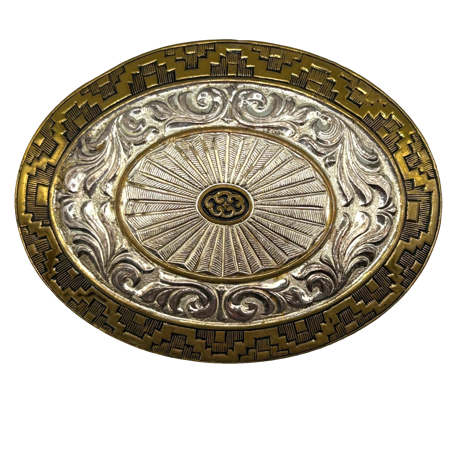 Crumrine Silver Plate Bronze Belt Buckle Sunburst Western Heavy USA Vintage LG