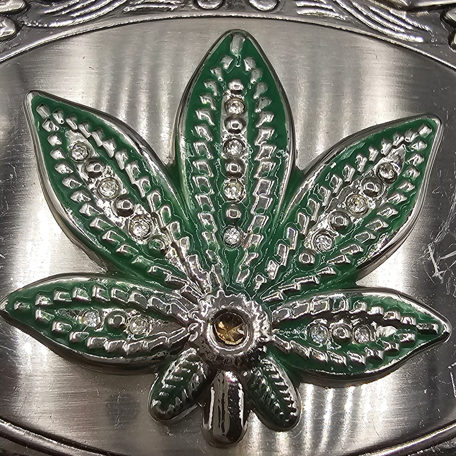 Marijuana Leaf Belt Buckle Mary Jane Pot Silver Tone Green Enamel Oversized