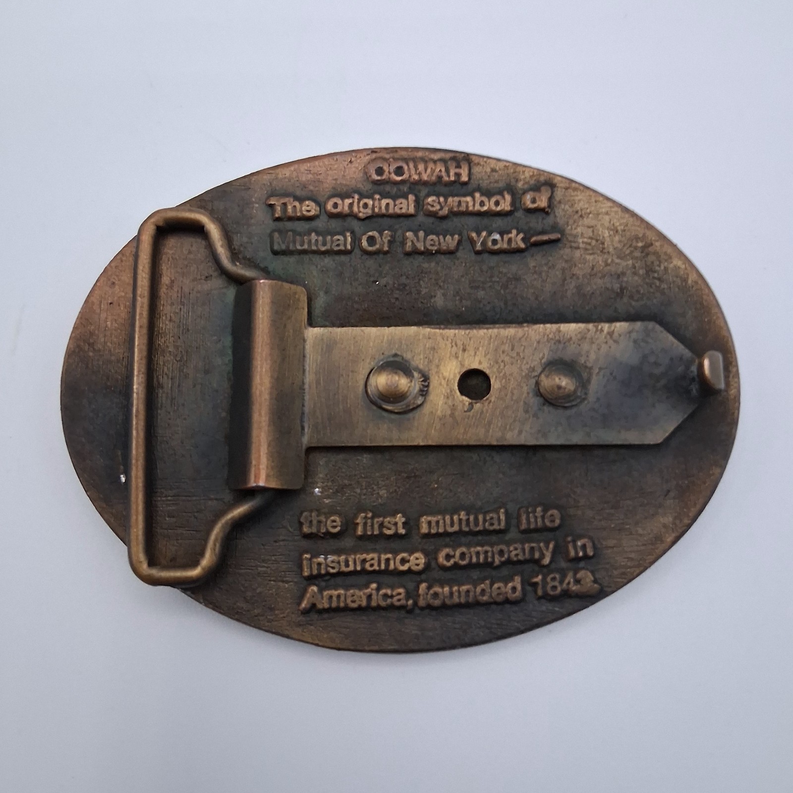 Vintage The Mutual Life First in America Insurance Advertising Metal Belt Buckle