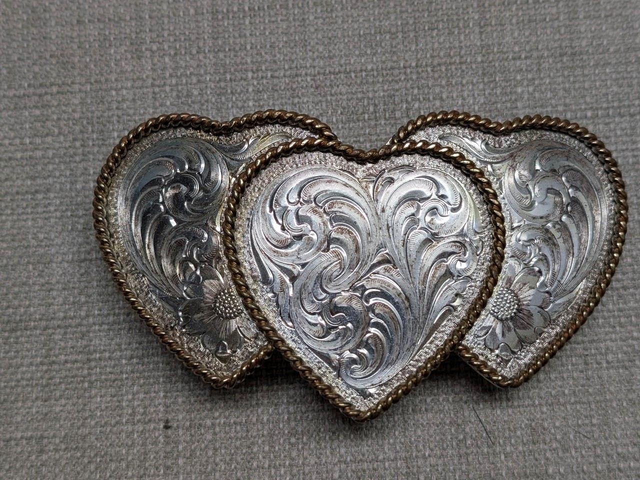 vintage MONTANA SILVERSMITHS belt buckle WESTERN sterling silver plate HEARTS