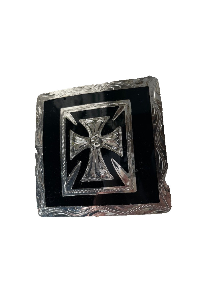 Western Mens Belt Buckle 3.25 x 3 in Southern Cross Cowboy Black Silver 1.5