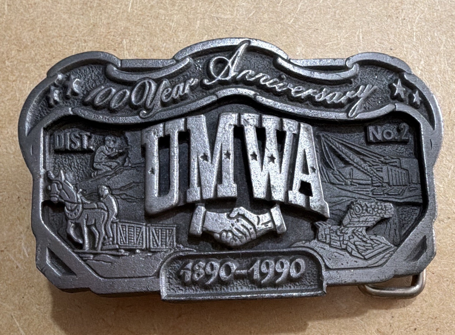 D&J Enterprises UMWA 100 Year Anniversary 1890-1990 No.2 Silver Belt Buckle