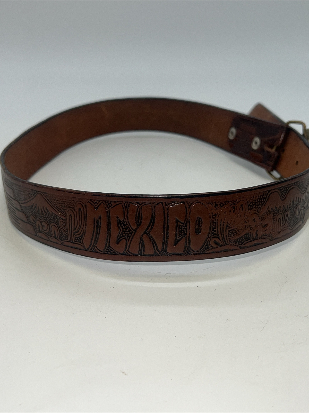 Shambu Mexico Eagle Leather Belt And Brass Buckle 35” Long 1.5” Wide