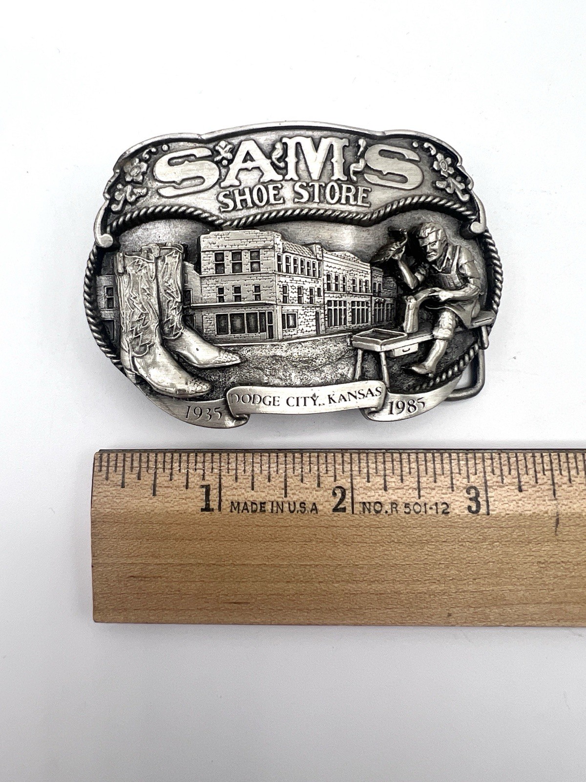 Dodge City Kansas SAM&rsquo;S SHOE STORE 1985 Pewter Belt Buckle Allen Cowboyboy Boots