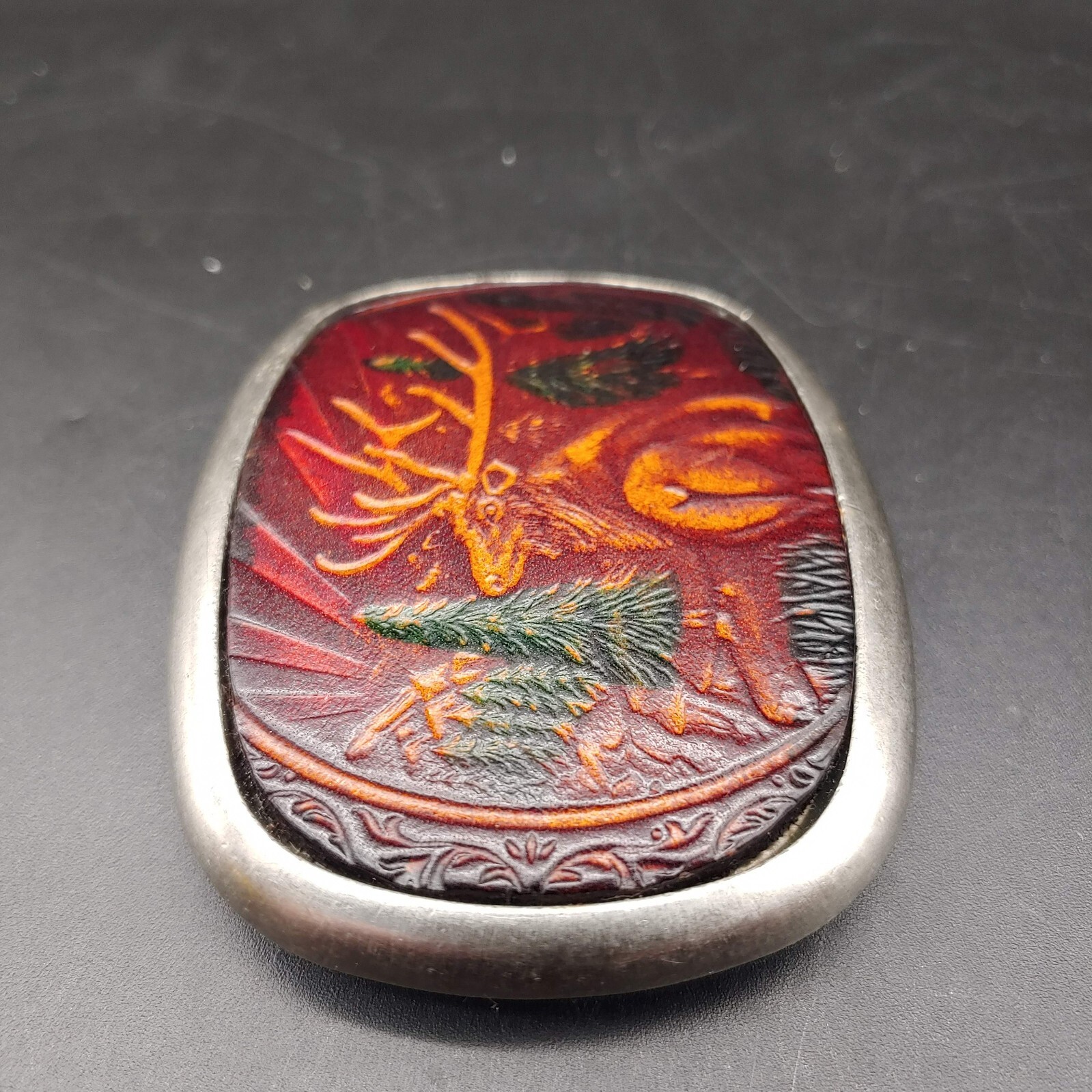 Tooled Leather Wildlife Elk in Metal Belt Buckle