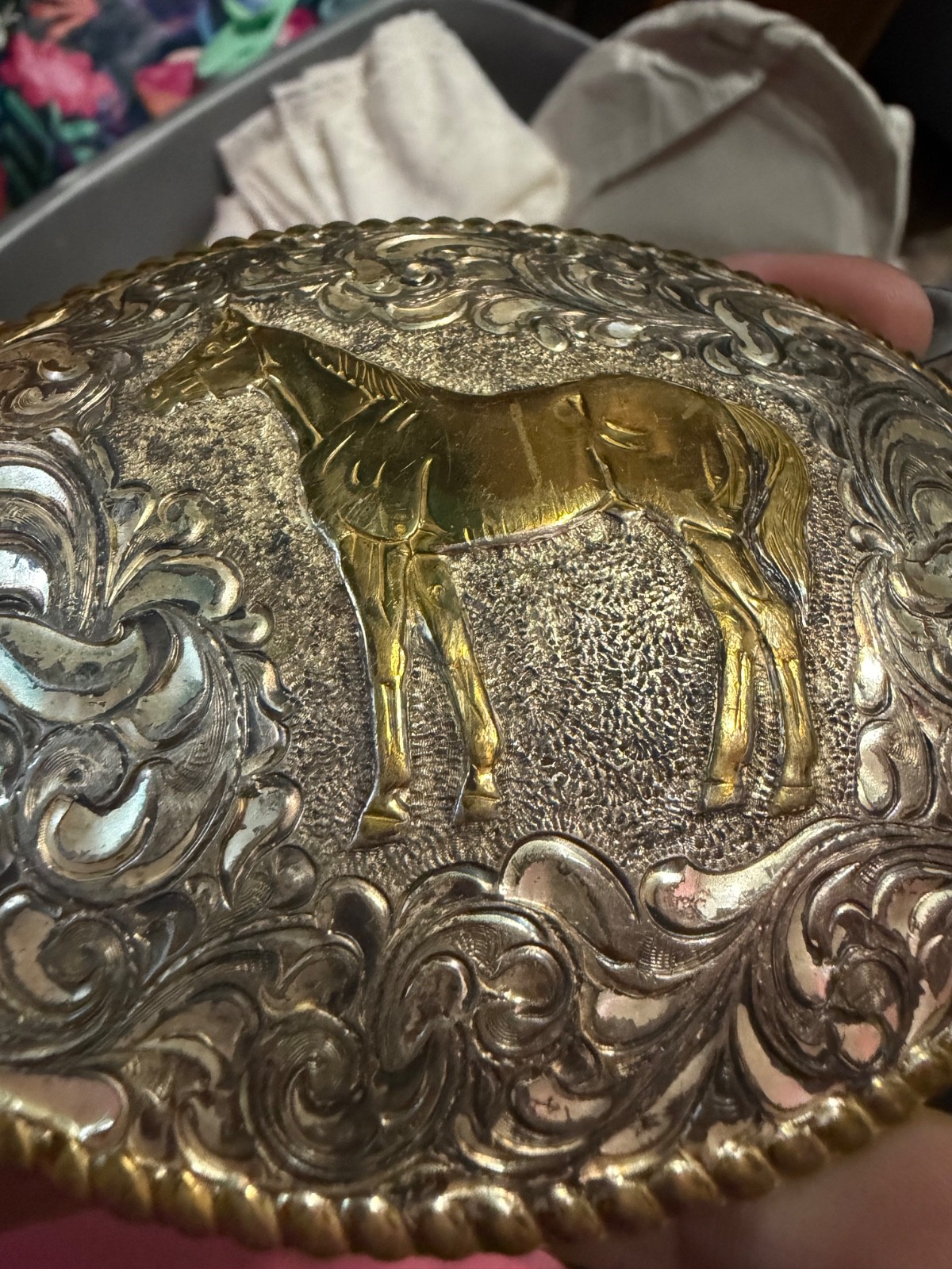 Crumrine® silver plated Oval Rope Edge Standing Horse Belt Buckle C01578