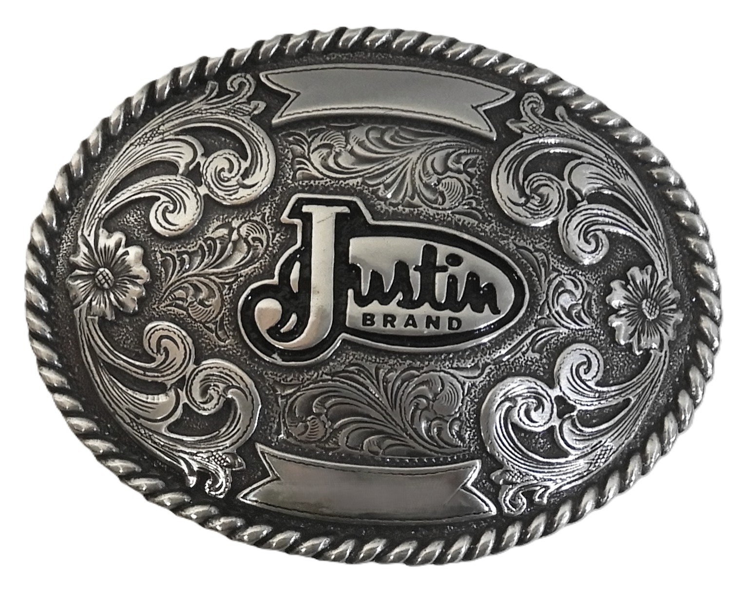 Justin Brand Western Belt Buckle, Silver-tone metal, cowboy, cowgirl 3.75 x 3&Prime;