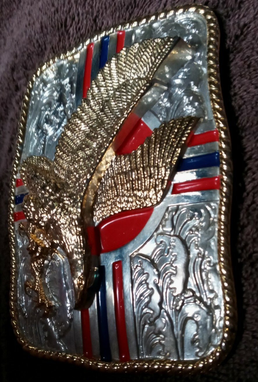 NWOT LG RED BLUE STRIPE GOLD EAGLE ROPE TRIM SILVER 3D BELT BUCKLE 1 1/2&Prime; $65