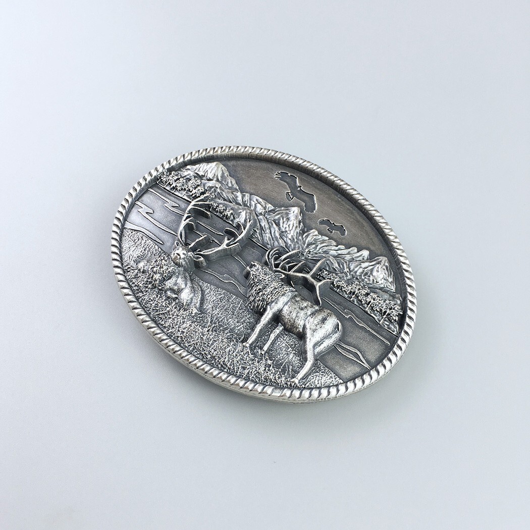 Vintage Silver Plated Western Deer Wild Life Oval Belt Buckle Boucle de Ceinture