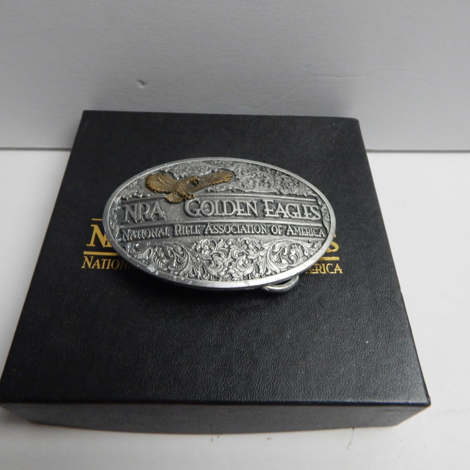 Vintage 1994 Golden Eagles NRA Pewter Belt Buckle Ltd Ed Rifle In Original Box