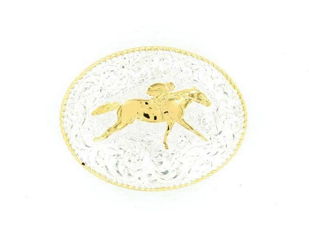 Crumrine Western Belt Buckle Oval Racing Horse Silver C02116