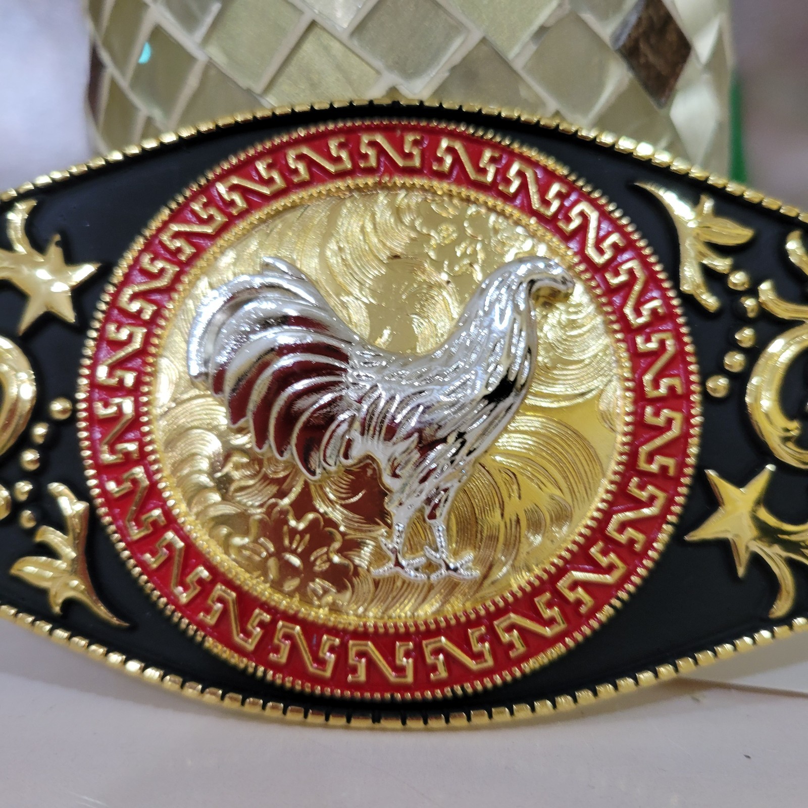 Rooster Western Men Long belt Buckle 7×3.25 Gold , red and black oblong
