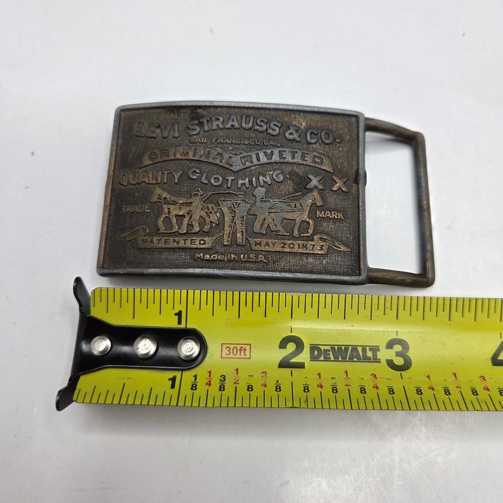 Levi Strauss Vintage Belt Buckle Two Horse Logo Brass Made in USA OS Gold Tone