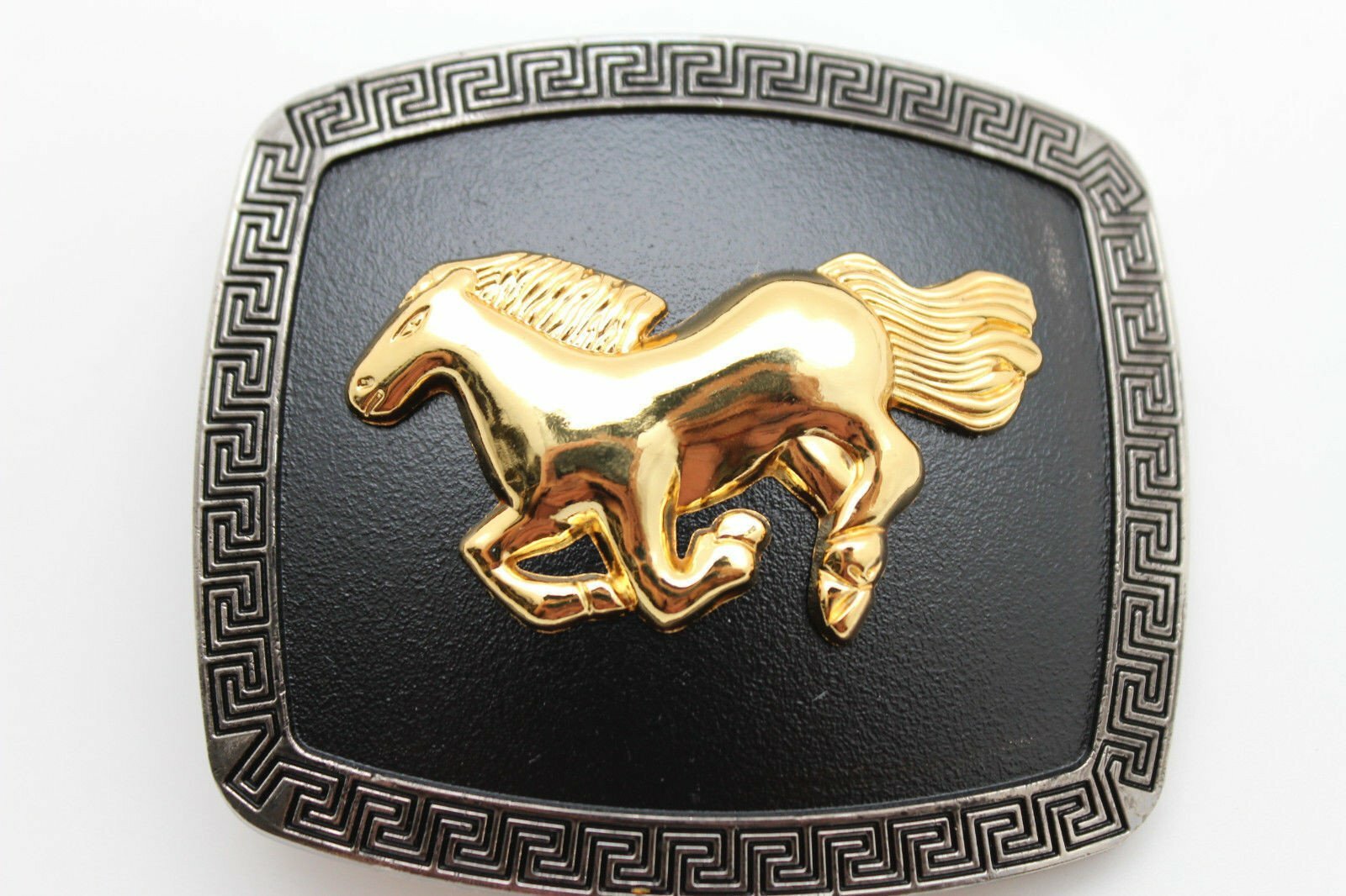 Men Women Western Belt Buckle Silver Metal Square Gold Rodeo Horse Black Fabric