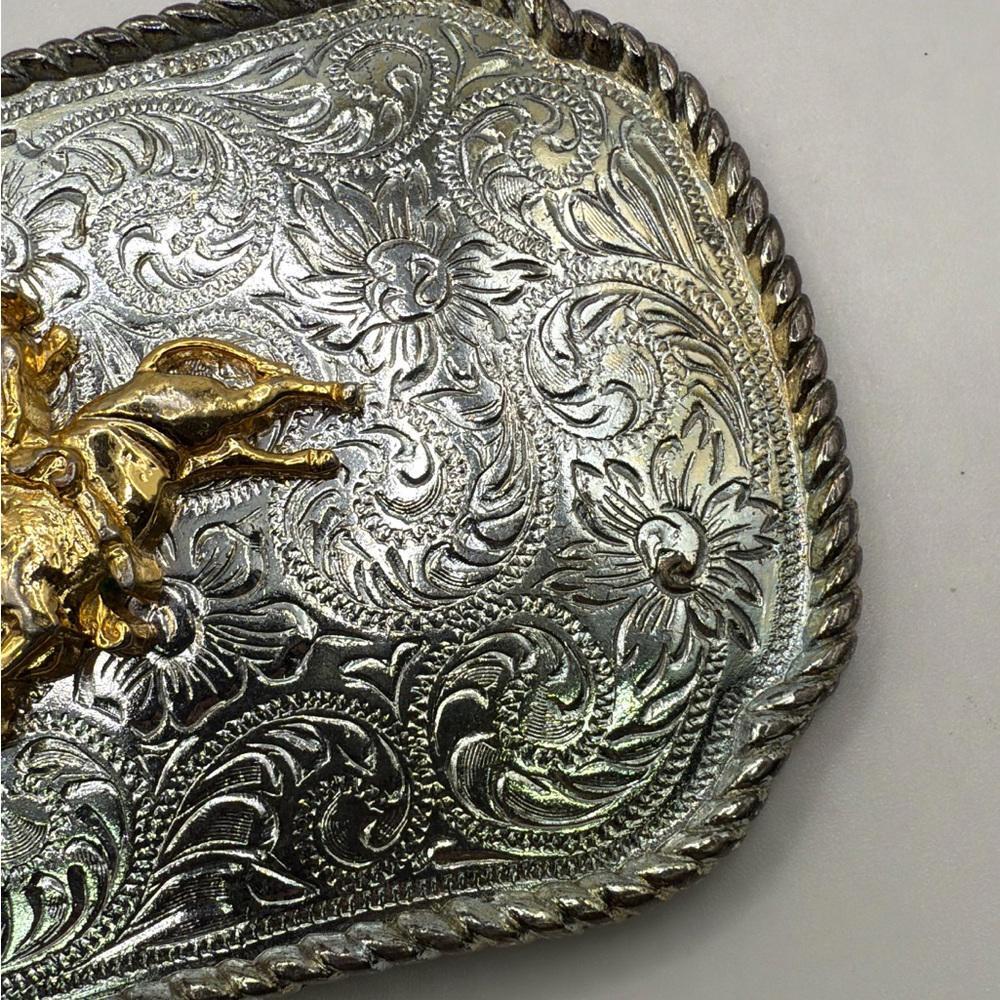 Vintage Silver Tone Plated Belt Buckle Bull Riding Western Cowboy