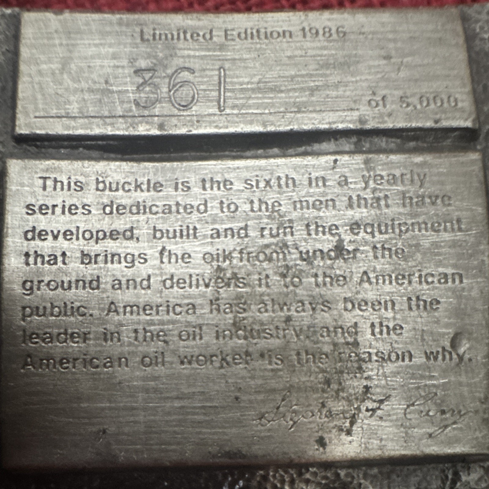 Arroyo Grande Buckle Co American Oil Worker 1986 Belt Buckle LE #361/5000 1.5&Prime;