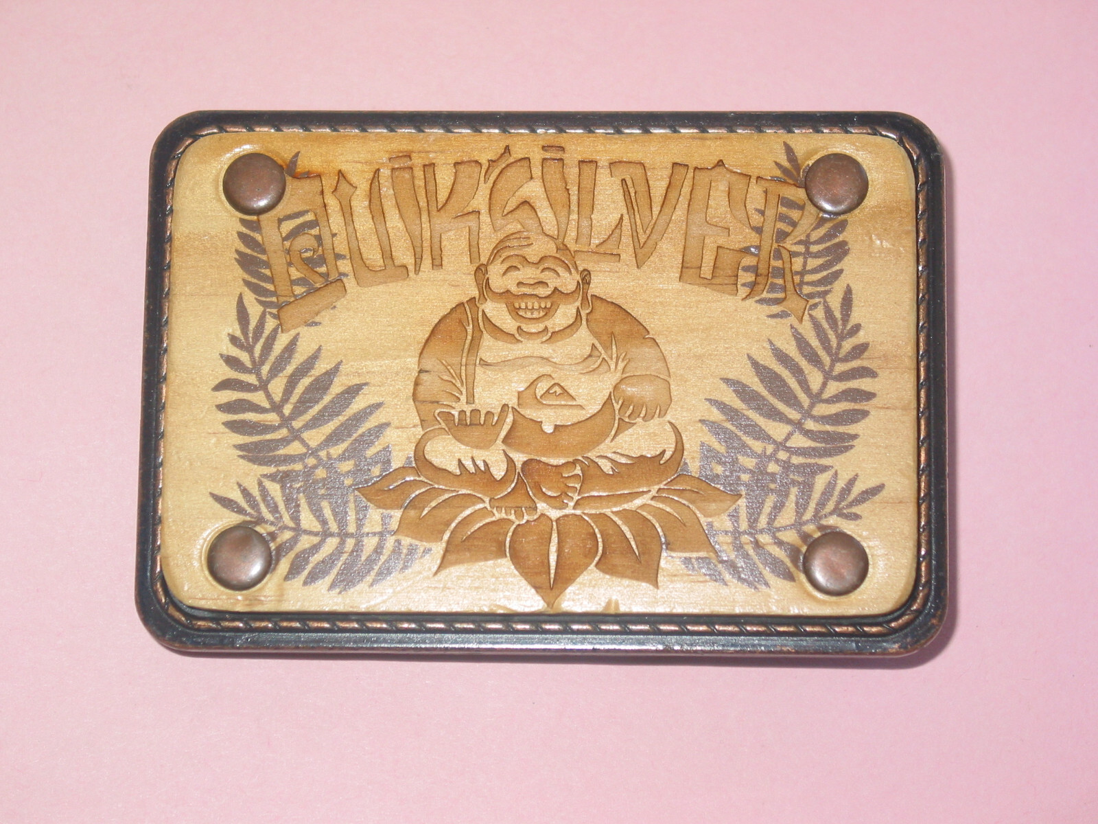 QUIKSILVER ~ Rare Vintage Promotional Buddha Belt Buckle ~ Engraved Wood