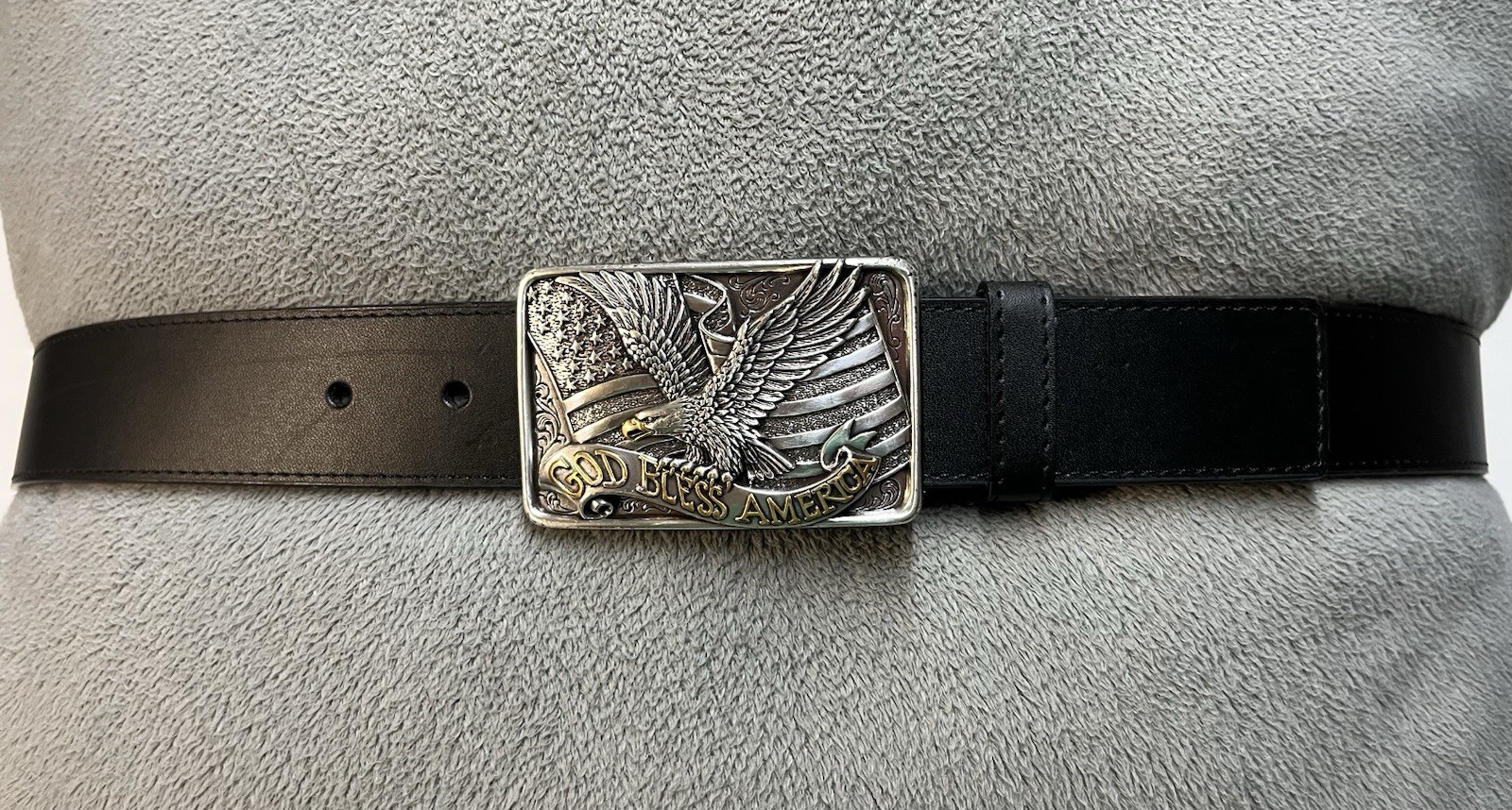 Patriotic Buckle & Black Bonded Leather Belt Sz 44 God Bless America Eagle Flag