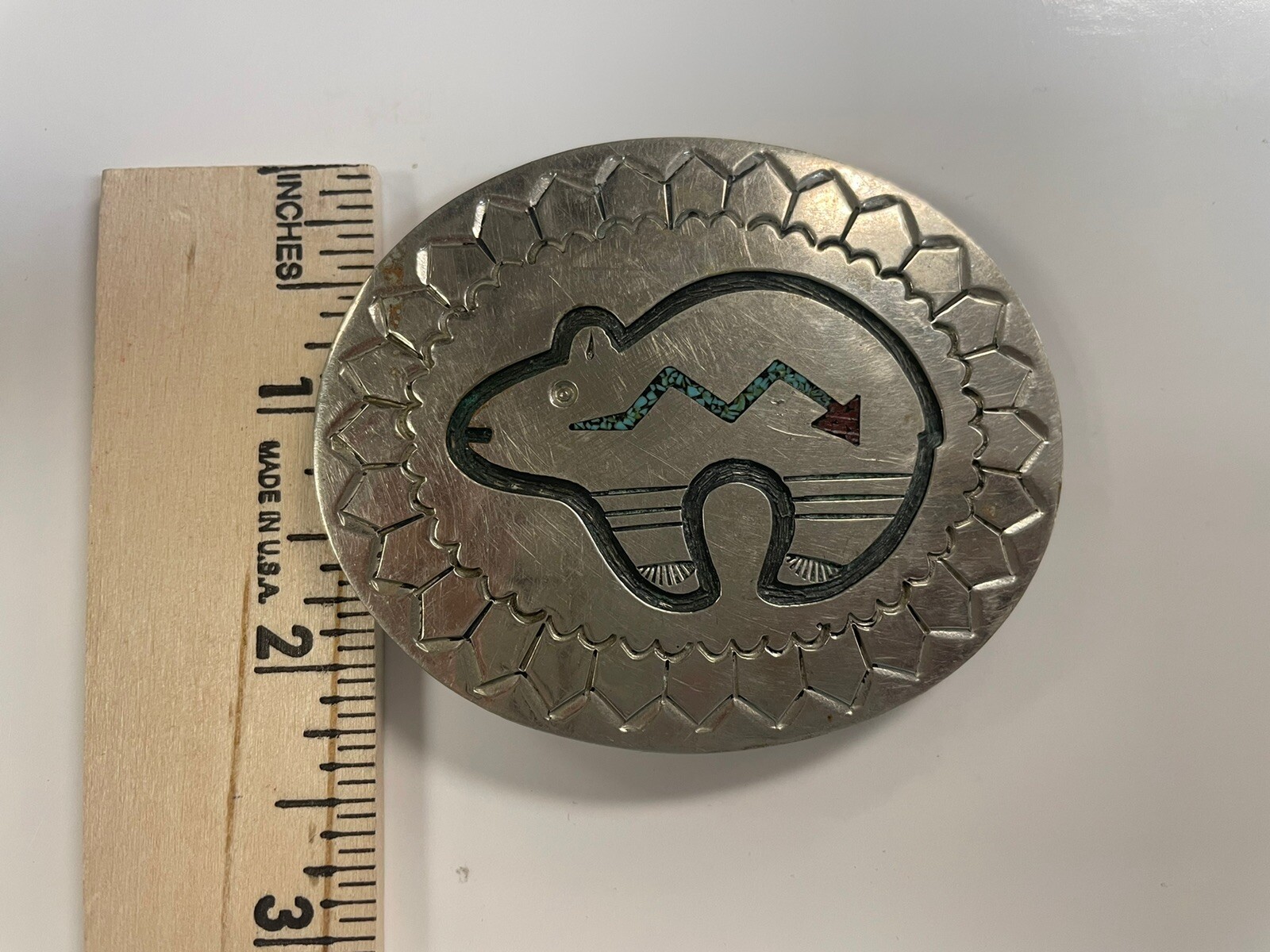 Vintage Silver Turquoise And Coral Inlaid Bear Belt Buckle Signed T