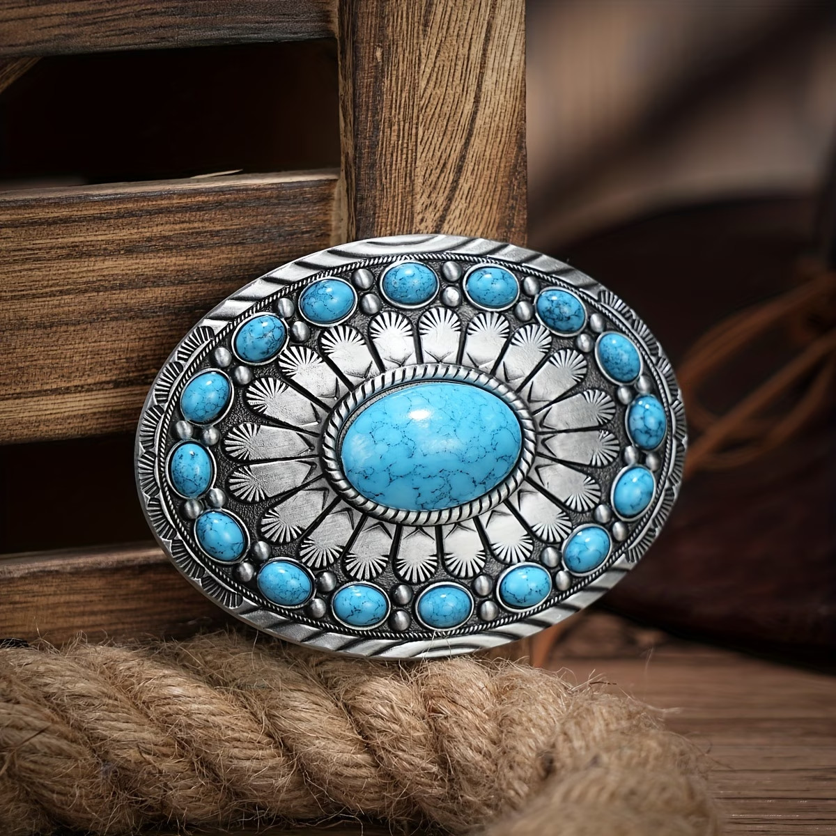 Western Cowboy/Cowgirl Rodeo Decor Engraved Antique Silver Turquoise Buckle