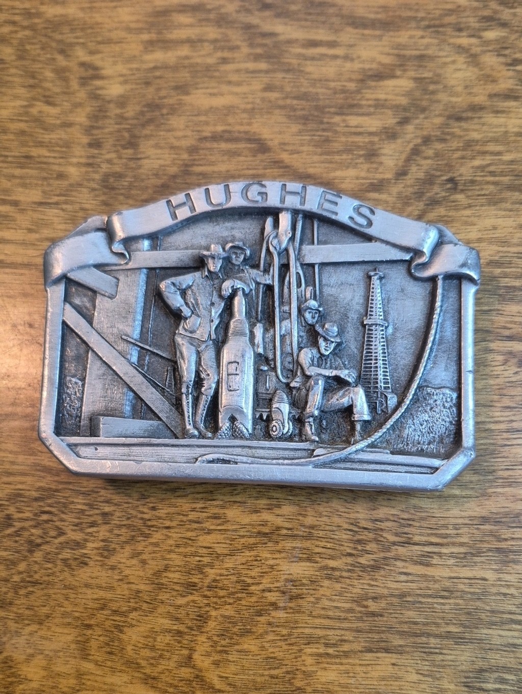 VINTAGE Pewter Hughes Oil Tool Division Belt Buckle Rock Bit Drilling Rig Detail