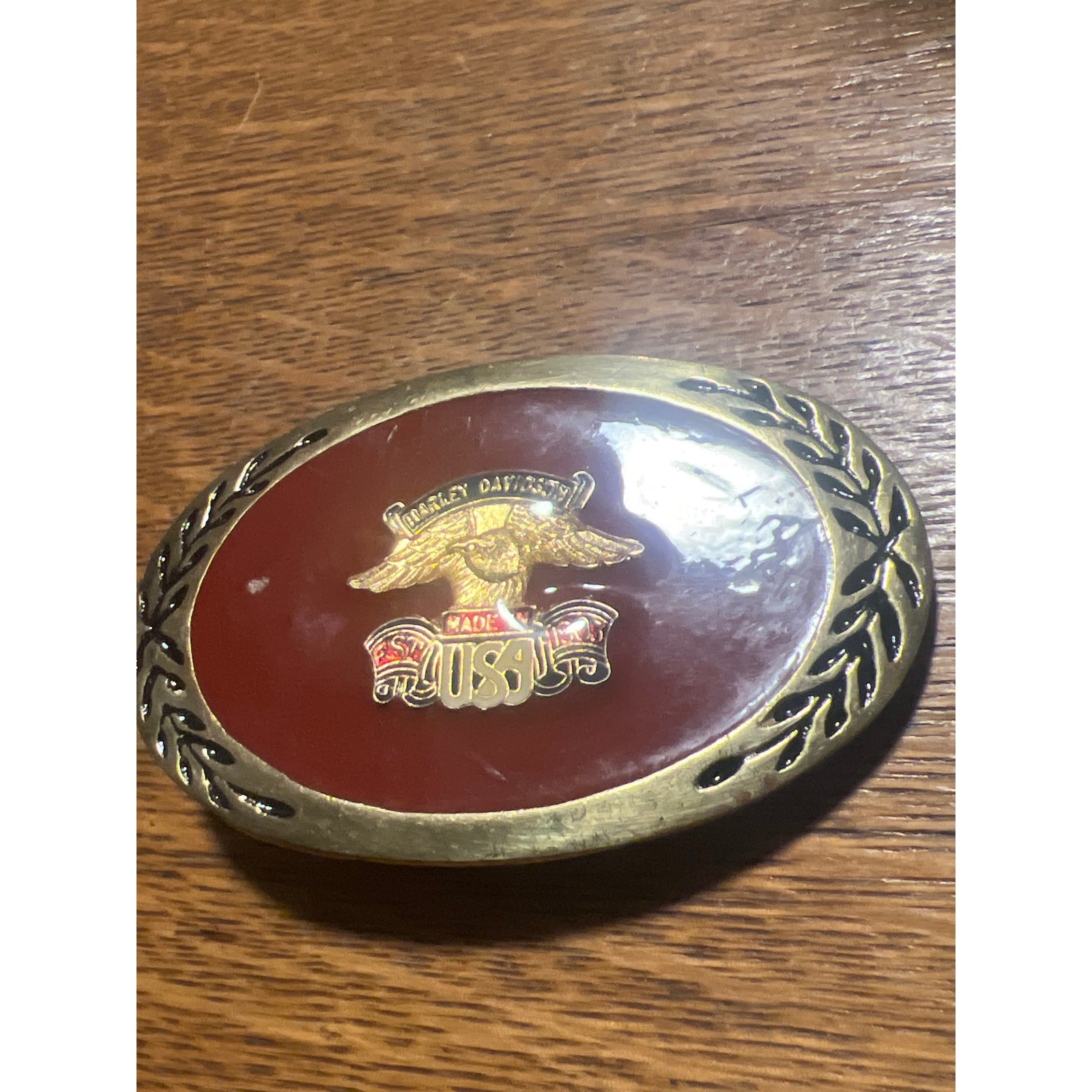 Vintage Harley Davidson Belt Buckle Eagle Made in USA Red Enamel Brass Oval B2