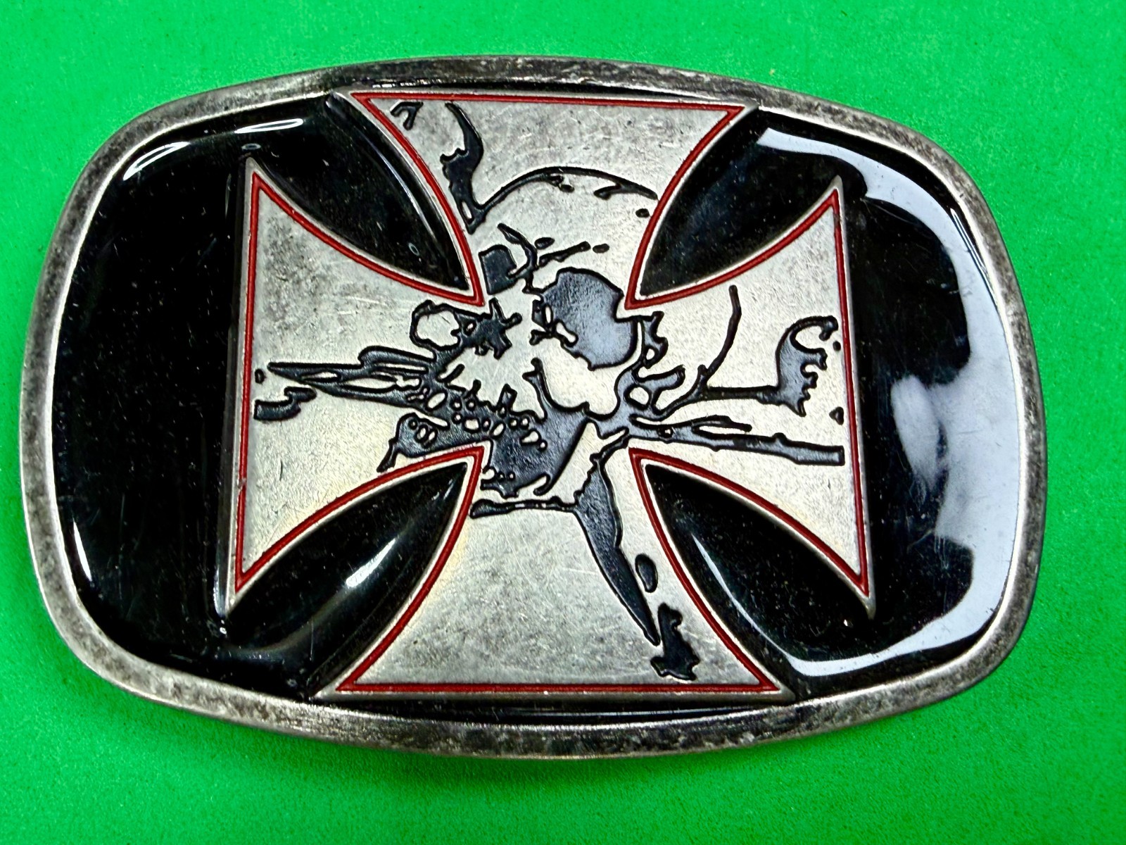 Maltese Iron Cross with Skull Cutout Black Enamel Gothic Punk Vibe Belt Buckle