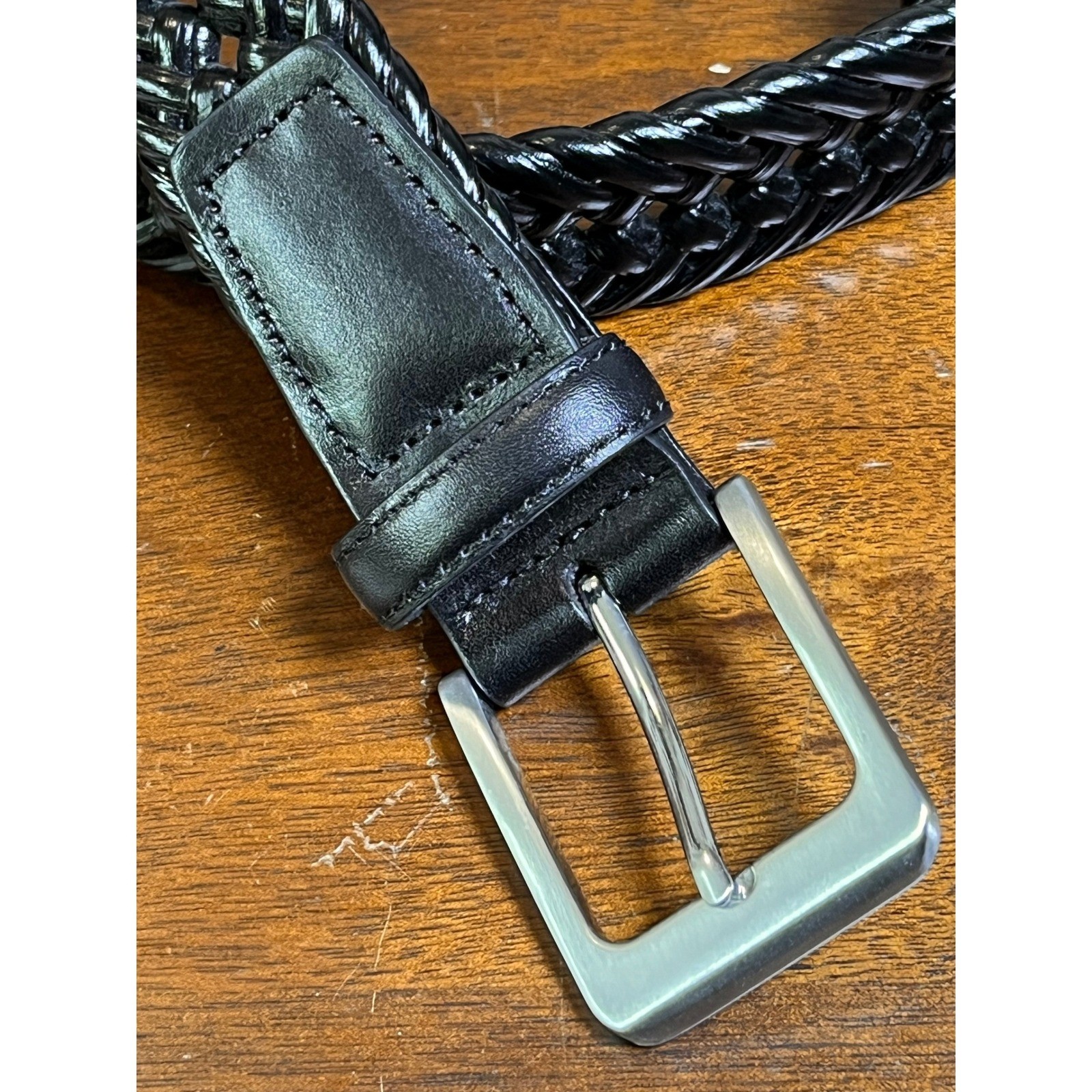 Men&rsquo;s Black Braided Woven Faux Leather Belt Size 42/105 Silver Buckle Casual